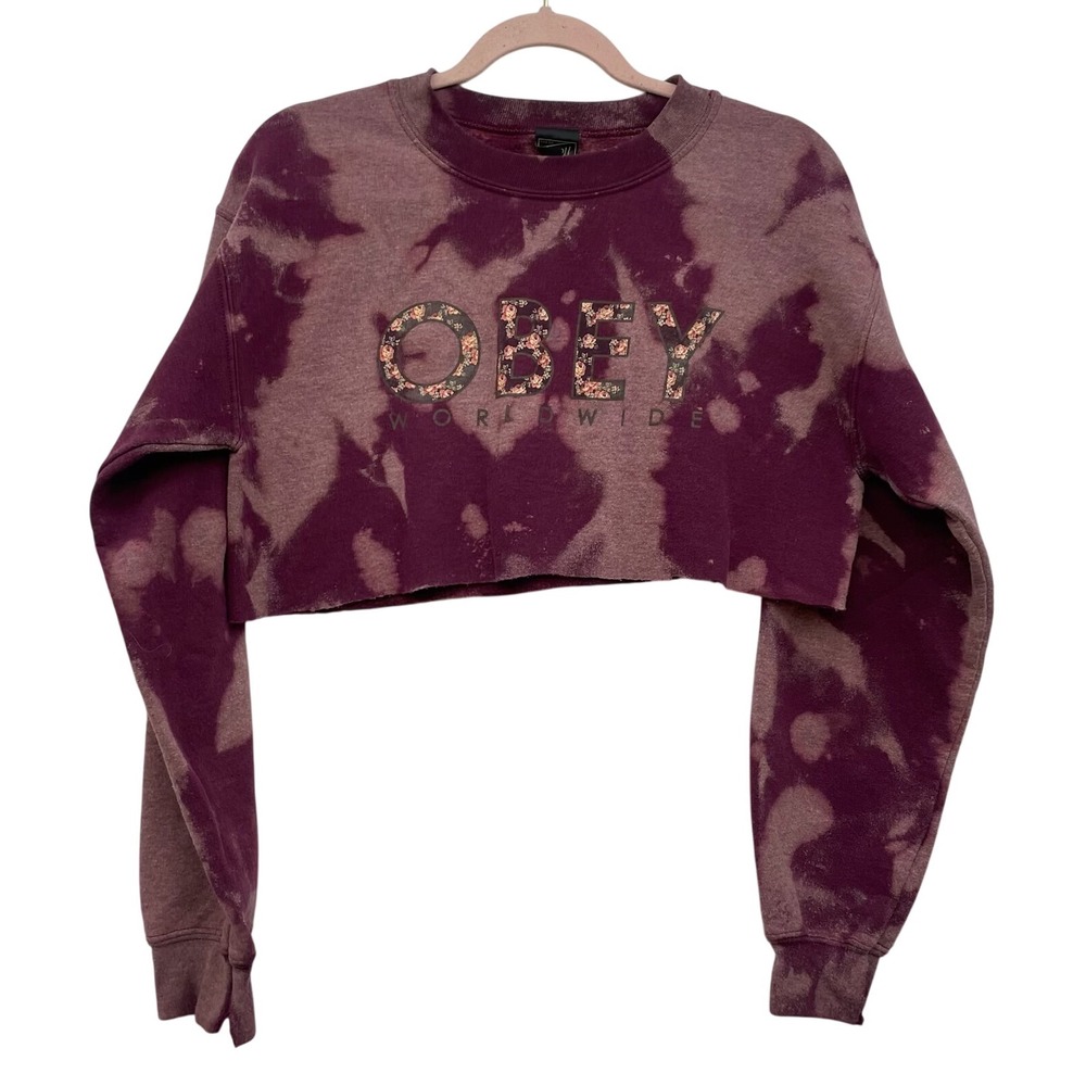 Obey Cropped Sweatshirt Small Tie Dye Bleach Logo Pullover